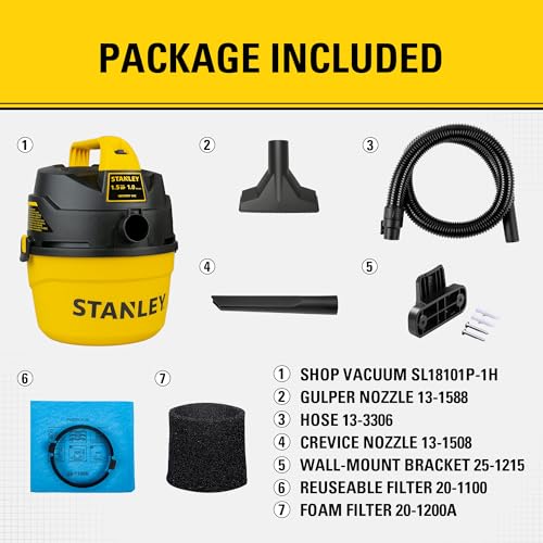 STANLEY Shop Vacuum Wet and Dry, 1 Gallon 1.5 Peak HP Small Wet Dry Vac with 60CFM Powerful Suction, Portable Wall Mount Vacuum Cleaners for Home, Car, Garage and DIY Workshop, SL18101P-1H - size: 1 Gallon, 1.5 HP, 52" Sealed Pressure