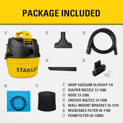 STANLEY Shop Vacuum Wet and Dry, 1 Gallon 1.5 Peak HP Small Wet Dry Vac with 60CFM Powerful Suction, Portable Wall Mount Vacuum Cleaners for Home, Car, Garage and DIY Workshop, SL18101P-1H - size: 1 Gallon, 1.5 HP, 52" Sealed Pressure
