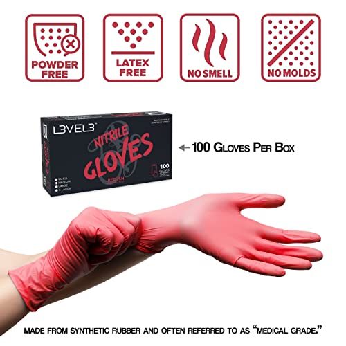 L3 Level 3 Nitrile Gloves - Professional Heavy Duty Disposable Gloves - Latex Free - Fits Snug - Box of 100 - color: Red, size: Large (Pack of 100)
