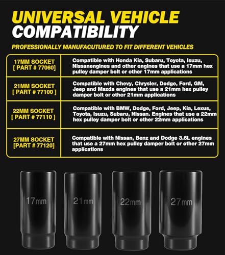 4 Pack Crank Bolt Socket Set, 17MM, 21MM, 22MM, 27MM, Harmonic Balancer Socket Set, 1/2-Inch Metric Deep Impack Socket Kit Set, 3 Times Momentum Power of Standard Impact Sockets