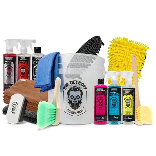 Mr. Detroit - 15pc Car Wash Kit with Car Cleaners, Bucket and Filter, Towels, Wash Glove, Long Handle Brushes, Sponge Pad, Exterior and Interior Detailing for Vehicles