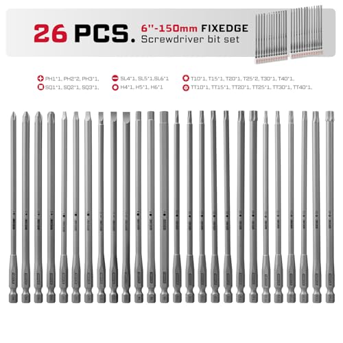 Geinxurn 26Pieces Fixedge Screwdriver Bit Set, 6Inches Magnetic Alloy Steel Phillips/Slotted/Square/Torx/Hex/Security Torx Insert Power Bits Tips with Storage Organizer for Home Repair - style: FXMX150-026