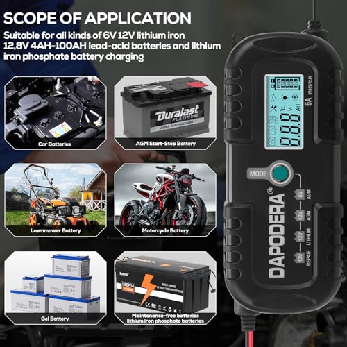 Car Battery Charger, 12V 6A Smart Battery Trickle Charger Automotive 12V Battery Maintainer Desulfator with Temperature Compensation for Car Motorcycle Mower Marine Lead Acid Batteries