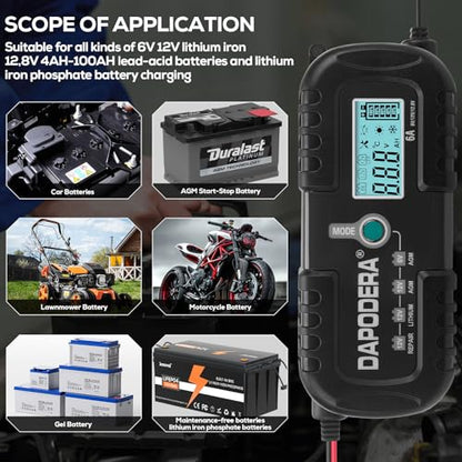 Car Battery Charger, 12V 6A Smart Battery Trickle Charger Automotive 12V Battery Maintainer Desulfator with Temperature Compensation for Car Motorcycle Mower Marine Lead Acid Batteries