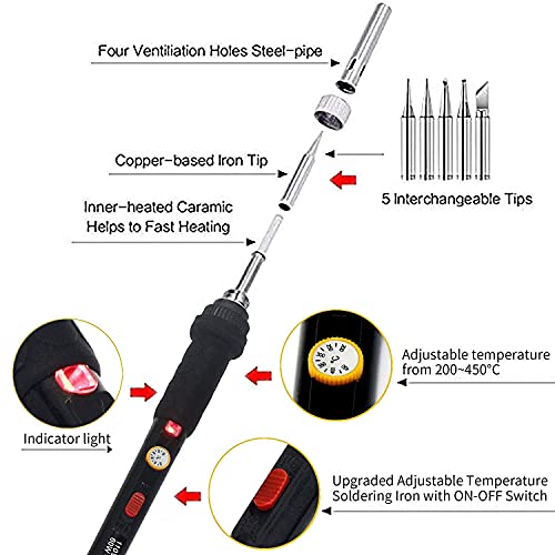 Electric Soldering Iron Kit 60W Adjustable Temperature Welding Soldering Iron with 5pcs Different Tips, 1 Solder Wire 1.0mm Dia. (Soldering Irons) (Upgrade Green) - color: Green