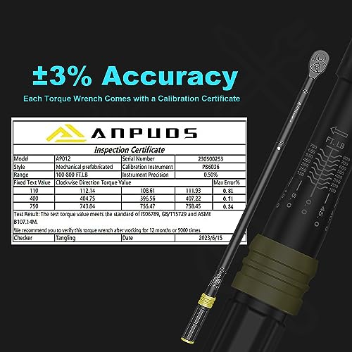 ANPUDS 3/4" Click Torque Wrench, 100-800 Ft-Lb/135.5-1084 Nm, Heavy Duty | ±3% Accuracy, 48-Tooth Quick Release, Cr-V Steel, Dual-Direction, for Semi Truck, Tractor, Diesel, Construction & Mining - size: 100-800 ft-lb / 135.5-1084 Nm