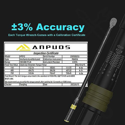 ANPUDS 3/4" Click Torque Wrench, 100-800 Ft-Lb/135.5-1084 Nm, Heavy Duty | ±3% Accuracy, 48-Tooth Quick Release, Cr-V Steel, Dual-Direction, for Semi Truck, Tractor, Diesel, Construction & Mining - size: 100-800 ft-lb / 135.5-1084 Nm