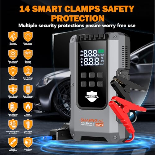 6000A Jump Starter with Air Compressor 160PSI 12V for All Gas/10L Diesel | Portable Car Battery Fast Charge Jump Starter, Jump Box with 3 Modes Flashlight and Jumper Cables Pack with Carries Case