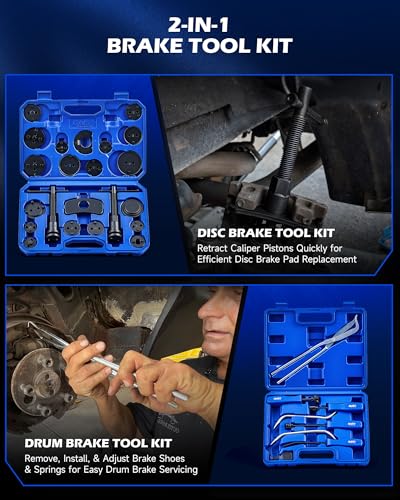 Orion Motor Tech Brake Caliper Compression Tools, 2-in-1 32pc Disc & Drum Brake Service Tool Set with 18 Blackened Adapters, Caliper Piston Compressor Tool with Hangers Spoons Installer Retainer, Blue