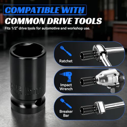 2PCS 15mm Impact Socket 1/2" Drive, 6 Point Metric Shallow Socket, CR-V Steel Heavy Duty Impact Wrench Socket for Automotive Repair - size: 15mm