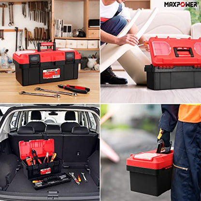 MAXPOWER Tool Box 16 inch, Plastic Small Tool Box with Latch Removable Tray | Lockable Toolbox for Home, Red - size: 16", style: 16" red