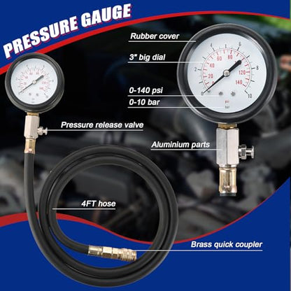 NYXOVA Oil Pressure Tester Kit, Professional Oil Pressure Gauge Tool for Engine Diagnostic Test, 0-140 PSI Engine Oil Pressure Diagnostic Tester Tool with Hose Adapters for Cars ATVs Trucks Use