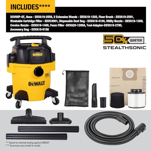 DEWALT STEALTHSONIC 5 Gallon Ultra Quiet Wet Dry Shop Vac DXV05P-QT | 4 Peak HP Powerful Suction, Quiet Operation, Long-Lasting Performance, Complete Accessory Kit for Garage, Workshop, Jobsite - size: 5 Gallon