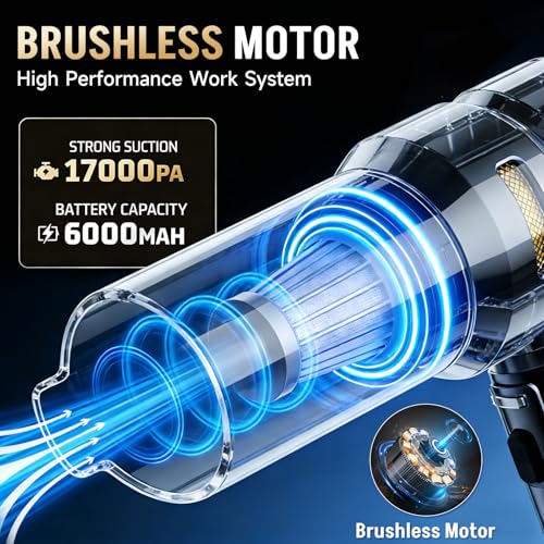 Car Vacuum Portable Cordless, 17000PA Cordless Handheld Car Vacuum Rechargeable, Brushless Motor with Digital Display, Mini Small Vacuums Cleaner for Office Desk Home Kitchen Car Pet Hair, Travel