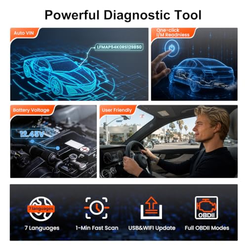 Full-System OBD2 Scanner Car Diagnostic Tool with ABS SRS Transmission Etc | Read & Clear Fault Codes; Read Live Data; Battery Voltage Test; Free Upgrade; Works for Cars and Trucks Since 1996