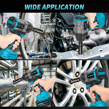 1500N.m Cordless Impact Wrench,1/2 Inch 3 Speed Premium High Torque Impact Gun with 2 x 4.0Ah Battery, LED Work Light, Wireless Power Pistola Llave De Impacto with 5 Sockets for Car Truck Mower