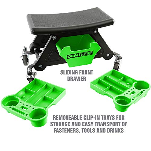 OEMTOOLS 24986 Heavy-Duty Rolling Workbench and Creeper Seat, Mechanics Stool with Wheels, Creepers, Shop Stools with Wheels, Automotive, Green and Black 300 LB Capacity | Molded Creeper Seat & Frame, 4 Multi-Purpose Cup Holders, Sliding Front Drawer for