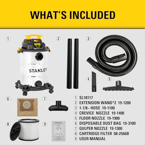 STANLEY 8 Gallon Wet Dry Vacuum, 4 Peak HP Portable Shop Vacuum with Drain Port & Blower, Industrial Wet Dry Vacuum Cleaner, Stainless Steel Tank for Garage, Workshop, Car Detailing, Jobsite, SL18117