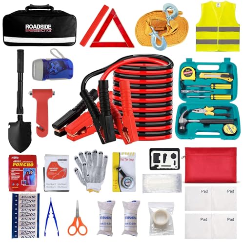 Car Emergency Roadside Tool Kit with Jumper Cable Shovel,Auto Truck Vehicle Assistant Safety Kit Bag for Men Women with First Aid Kit, Winter Basic Automobile Road Side Kit