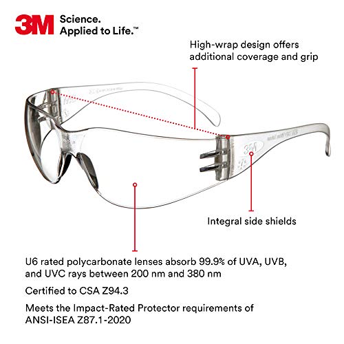 3M Safety Glasses, Virtua Protective Eyewear, Clear Frame, Clear Anti-Fog Lens, Pack of 100, Polycarbonate, ANSI Z87.1-2015, Z87+, Economy - size: 100 count