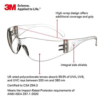 3M Safety Glasses, Virtua Protective Eyewear, Clear Frame, Clear Anti-Fog Lens, Pack of 100, Polycarbonate, ANSI Z87.1-2015, Z87+, Economy - size: 100 count