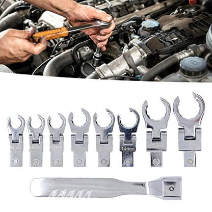 Flex Head Flare Nut Wrench Set, 9Pcs 180° Metric Steel Brake Line Ratchet Wrench Set, Flexible Ratcheting Open End Wrench Set for Maintenance