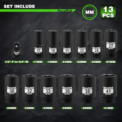 TecoTek 3/4" Drive Deep 6-Point Impact Socket Set, 13-Piece Jumbo Assortment, Cr-Mo, Metric (17mm to 41mm), 1/2" F to 3/4" M Impact Socket Adapter, for Large Vehicle and Apparatus Maintenance - size: 13-Piece (11/16" to 1-5/8")