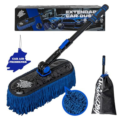 Flash Dog Car Duster Exterior - Wax Treated Cotton & Extendable Handle | Aluminum Alloy Handle Scratch Free Cleaning Brush for Cars, Trucks, SUVs, RVs, Motorcycles | Waterless Dust & Pollen Remover - color: Blue