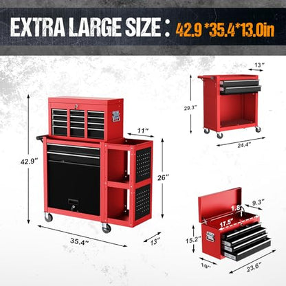 8-Drawer Rolling Tool Chest,3-in-1 Tool Box on Wheels with Lockable Steel Garage, Detachable Top Toolbox & Bottom Storage Cart with Additional Cabinet for Repair Room,Warehouse, 2026 Red - size: Large-Red