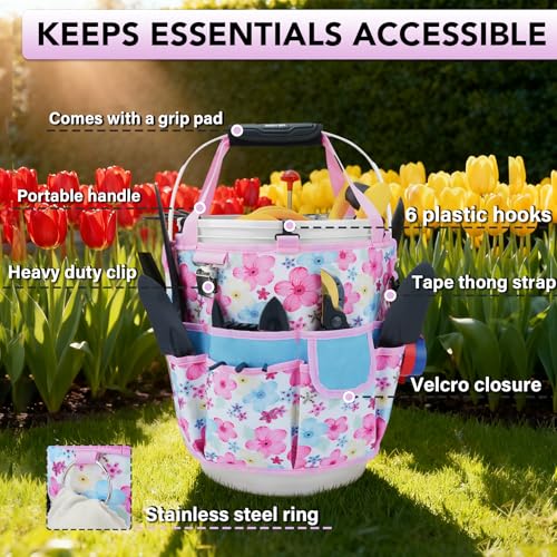 KUNN Gardening Gift for Women Men 5 Gallon Bucket Tool Organizer with 18 Pockets, Heavy-Duty Bucket Buddy Caddy Bag, Garden Tools Organizer Storage with Comfort Grip Handle Pad Attachment,Pink - style: Pink Blossom