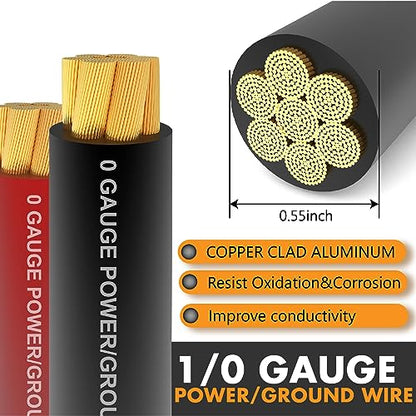 Jeemiter 1/0 Gauge CCA Wire Battery Cable Copper Clad Aluminum 40ft Red/Black for Car Amplifier Power Ground,Audio Speaker,Winch,Solar,RV,Truck with 250A ANL Fuse Holder,Lug Terminals,Heat Shrink Tube - size: 40FT Wire + ANL Fuse