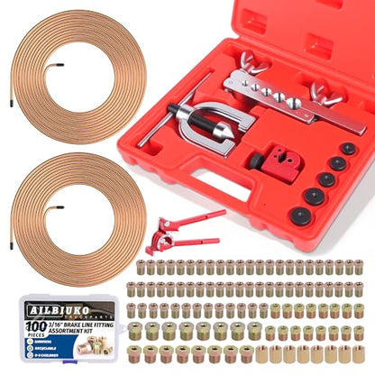 3/16" Brake Line Repair Kit, Double & Single Brake Line Flaring Tool Kit + 2 Set 25ft 3/16 Inch Brake Line with 100 Pcs Fittings(8 Unions Included) + Brake Line Bender - size: 3/16"