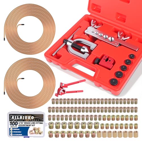 3/16" Brake Line Repair Kit, Double & Single Brake Line Flaring Tool Kit + 2 Set 25ft 3/16 Inch Brake Line with 100 Pcs Fittings(8 Unions Included) + Brake Line Bender - size: 3/16"