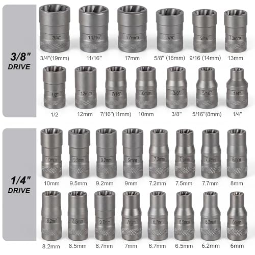 Bolt Extractor Kit, 32PCS Stripped Nut & Lug Removal Kit, Nut Extractor Socket Set with 1/4" & 3/8" Drive, Rounded Bolt Remover for Removing Damaged, Frozen, Rusted, Rounded-Off Bolts, Nuts & Screws