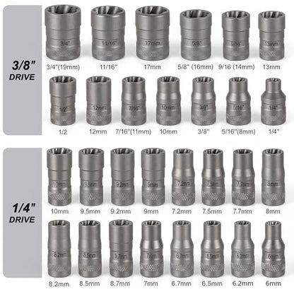 Bolt Extractor Kit, 32PCS Stripped Nut & Lug Removal Kit, Nut Extractor Socket Set with 1/4" & 3/8" Drive, Rounded Bolt Remover for Removing Damaged, Frozen, Rusted, Rounded-Off Bolts, Nuts & Screws
