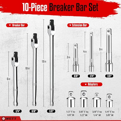 WETT 10-Piece Breaker Bar Set with 180° Rotatable Head, 1/4'', 3/8'' and 1/2'' Drive, Heavy Duty Breaker Bars with Extension Bars and Adapters, 6'', 10'' & 15'' Length, CR-V Steel