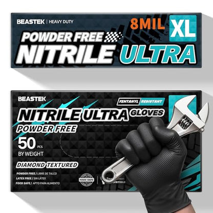 BEASTEK Nitrile Disposable Gloves, 8Mil Latex & Powder Free Chemical Resistant Heavy Duty Food Safe Diamond Glove Black 50Pcs - color: X-large (Black)