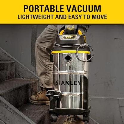 STANLEY Shop Vacuum Wet/Dry, 5 Gallon, 4 Horsepower, Stainless Steel Wet/Dry Vac Silver+Yellow+Black