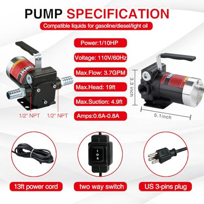 TOPWAY 110V AC Gasoline Fuel Pump 3.7GPM Self-priming Oil Transfer Pump With Handle, Reversible Pumping, Overheat Protection, Explosion-Proof, for Gasoline Fuel Diesel Kerosene Removal - style: 110V 3.7GPM