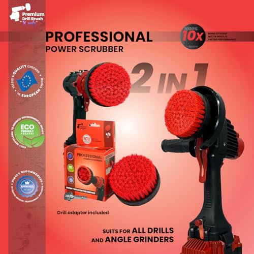 Premium Drill Brush Professional– 2in1 for Drill & Angle Grinder Stiff 4 in Red | Scratch-Free Outdoor Cleaning Brush for Patio Bricks, Lawn Mowers, Car Wheels, Pool Tiles and Boat Hulls - color: Red