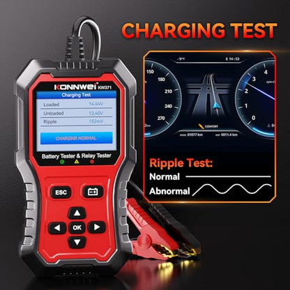 KONNWEI KW371 Battery Tester & Relay Tester | Tests 6V/12V/24V car batteries (AGM/GEL/EFB/Lithium) & 4/5-pin automotive relays. Checks CCA, charging & starting system. - size: 8.27*6*2.36 inch