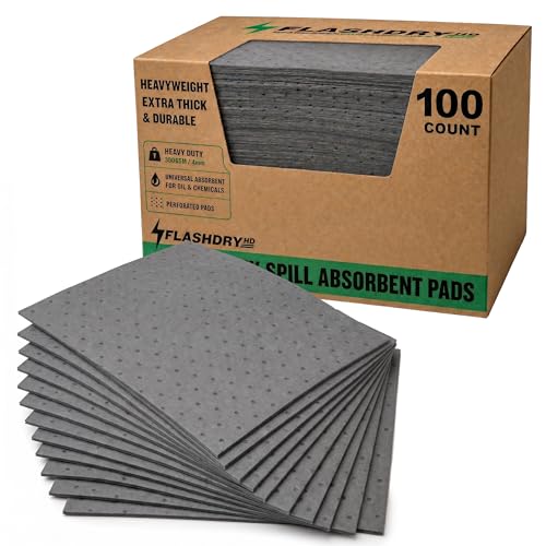 FLASHDRY Universal Heavy Duty Spill Absorbent Pads, 17.5"x13.5", 100 Count | Chemical & Oil Absorbing Pads 300GSM/4mm for Garage, Workshop, Automotive, and Industrial Use, Perforated, Dispenser Box - size: 100 Pads - 4mm