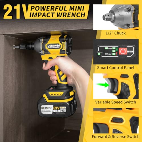 dodowin Cordless 1/2 inch Brushless Impact Wrench, Max Torque 236Ft-lbs(320N.m) High Brushless Electric Impact Gun，for Car Home,Power Impact Driver with 4-Mode Speed, LED Work Light，1 Battery