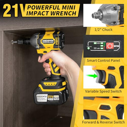 dodowin Cordless 1/2 inch Brushless Impact Wrench, Max Torque 236Ft-lbs(320N.m) High Brushless Electric Impact Gun，for Car Home,Power Impact Driver with 4-Mode Speed, LED Work Light，1 Battery