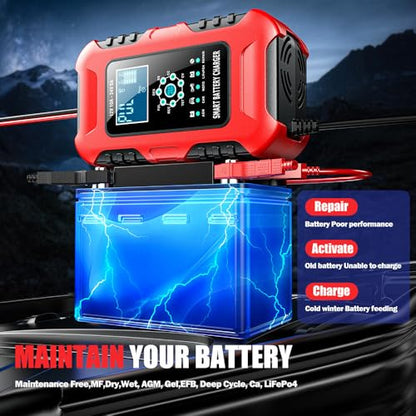 Car Battery Charger, 0-10A Pulse Repair Charger, 12V 24V Smart Fully Automatic Trickle Charger, LiFePO4 Lead Acid Automotive Battery Maintainer Desulfator for Car Truck Motorcycle Lawn Mower ATV Boat - color: 3) -10Amp/12V 24V