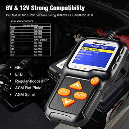 KONNWEI KW650 6V 12V Car Battery Tester, 100-2000 CCA Battery Load Tester Automotive Battery and Alternator Tester for Vehicles/Marine/Motorcycle/Lawn Mover - color: KW650