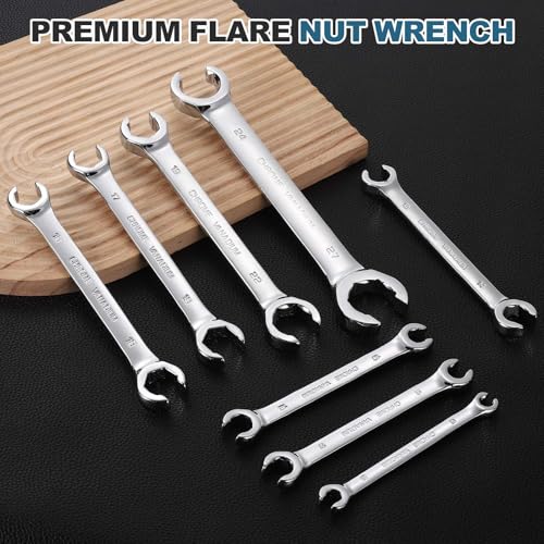 HARFINGTON 2 Pcs Flare Nut Wrench 15mm x 17mm Metric Double Open End Thick Spanner Mirror Polish Finish 45# Steel Brake Line Wrench For Fuel Tube Hose Transmission Line, Silver - size: 15mm x 17mm