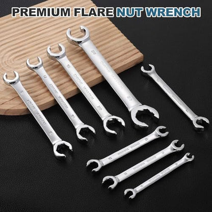 HARFINGTON 2 Pcs Flare Nut Wrench 15mm x 17mm Metric Double Open End Thick Spanner Mirror Polish Finish 45# Steel Brake Line Wrench For Fuel Tube Hose Transmission Line, Silver - size: 15mm x 17mm