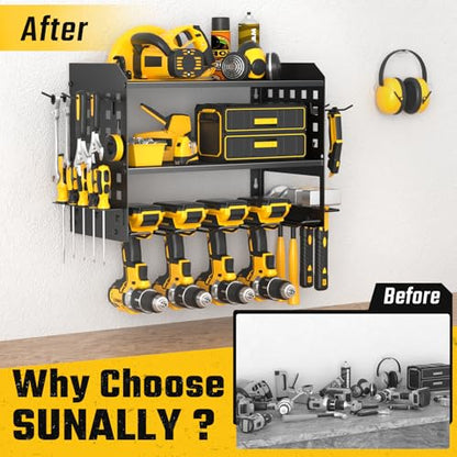 SUNALLY Power Tool Organizer, Heavy Duty Wall Mount Tool Organizer 3 Layers with 4 Drill Holders, Garage Tools Storage Rack with 2 Side Pegboards and Hooks for Workshop, Shed, Black - style: 4 Drill Holders C