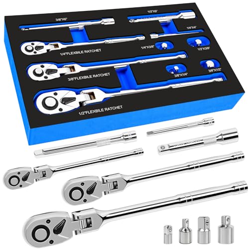 10-Piece Flex Head Ratchet Set, 1/4 3/8 1/2 Inch Drive, Swivel Head Ratchet Wrench with Extension Bars & 4 Adapters, 72-Tooth Quick-Release, EVA Storage Case for Auto & DIY Repairs - color: 10pcs